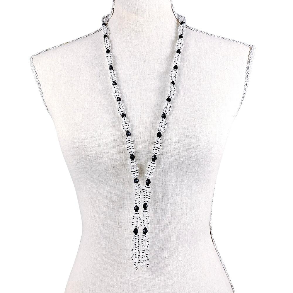 VTG Faceted Clear Black White Plastic Beaded Vintage Tassel Necklace, 32"